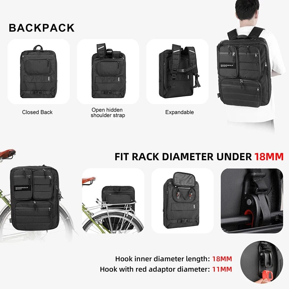 BIKE & BAG Bike Backpack Black RHINOWALK - Multifunctional Pannier Bag & Backpack (25L)