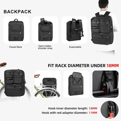 BIKE & BAG Bike Backpack Black RHINOWALK - Multifunctional Pannier Bag & Backpack (25L)