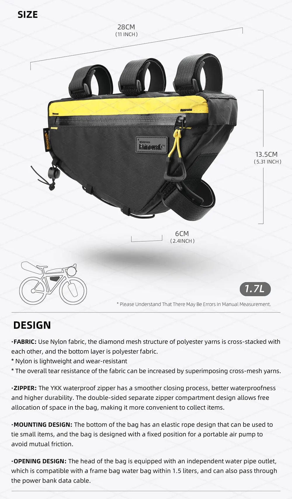 Bike & Bag Bike Bag RHINOWALK - Wilderness Series - Frame Triangle Bags - Water-Resistant (1.7L/2.4L/2.9L)