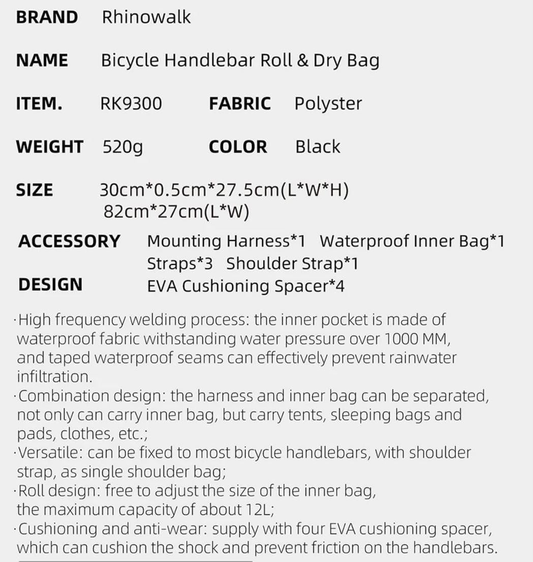 BIKE & BAG Handlebar Bags RHINOWALK - Waterproof Handlebar Roll and 12L Dry Bag