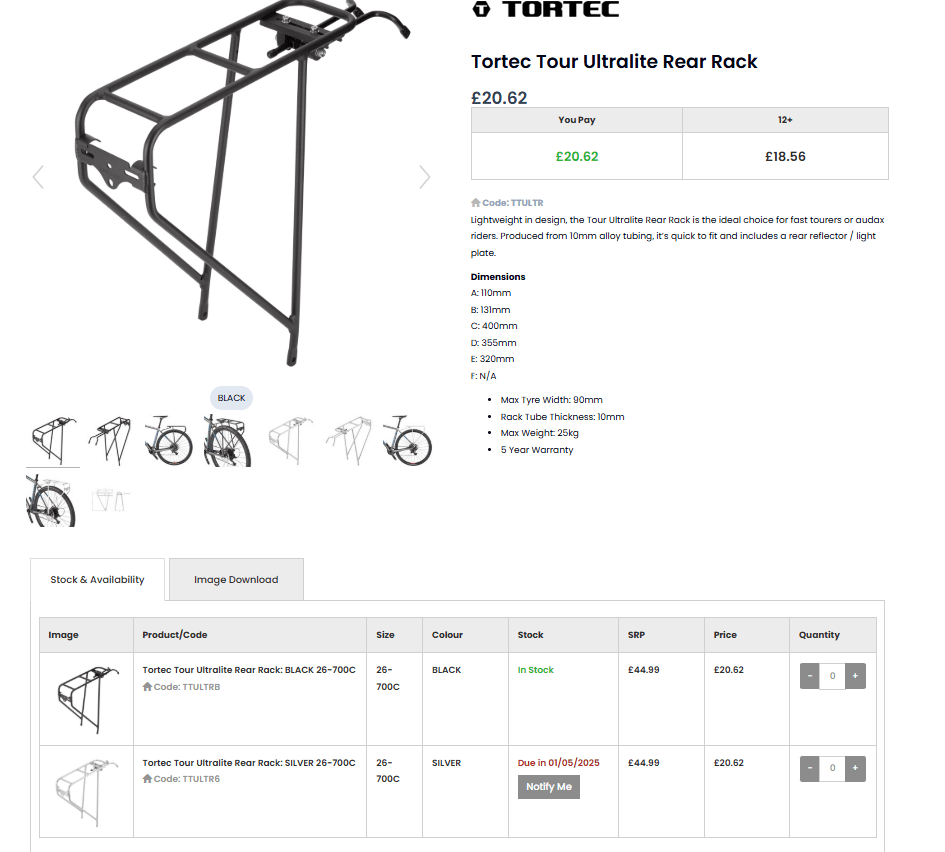 BIKE & BAG Pannier Racks TORTEC - Tour Ultralite Rear Rack